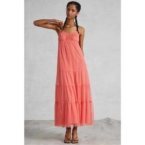 Anthropologie/Maeve Coral Pink Tiered Tulle Maxi Dress Women’s Medium